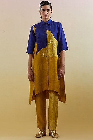 Azure & Amber Dupion Silk Printed High-Low Tunic Set by CLOS
