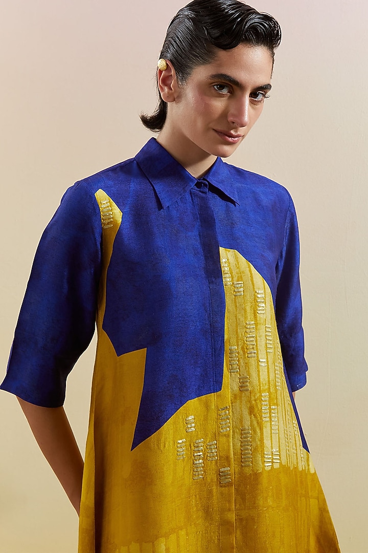 Azure & Amber Dupion Silk Printed High-Low Tunic Set by CLOS at Pernia's Pop Up Shop
