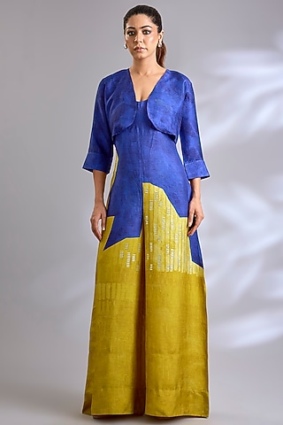 Azure & Ambre Dupion Silk Printed Jumpsuit With Jacket by CLOS