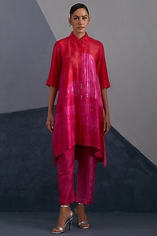 Vermilion & Fuchsia Dupion Silk Printed Tunic Set by CLOS