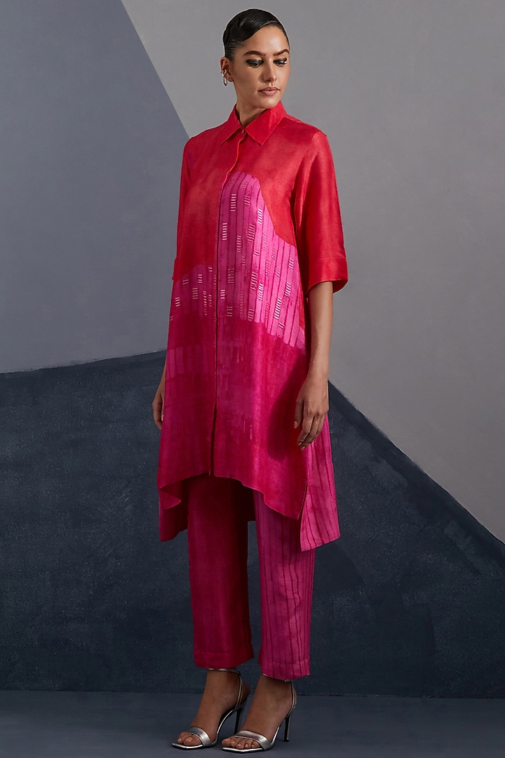 Vermilion & Fuchsia Dupion Silk Printed Tunic Set by CLOS at Pernia's Pop Up Shop