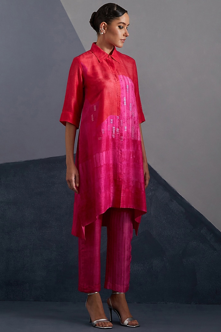 Vermilion & Fuchsia Dupion Silk Printed Tunic Set by CLOS at Pernia's Pop Up Shop