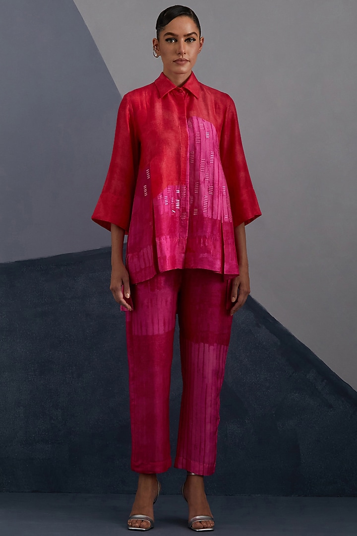 Vermilion & Fuchsia Dupion Silk Printed Co-Ord Set by CLOS at Pernia's Pop Up Shop