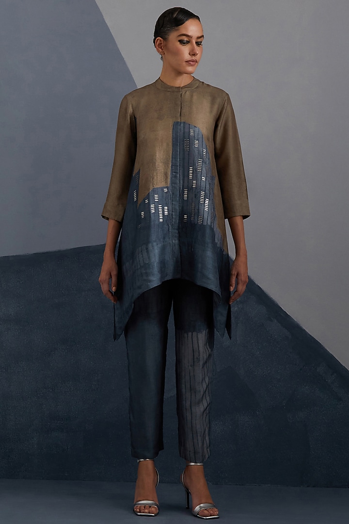 Terra & Slate Grey Dupion Silk Printed Tunic Set by CLOS at Pernia's Pop Up Shop