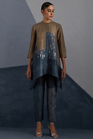 Terra & Slate Grey Dupion Silk Printed Tunic Set by CLOS
