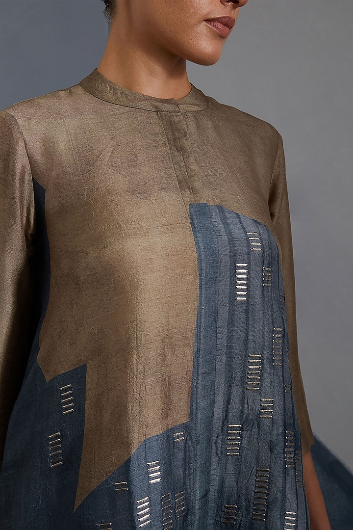 Terra & Slate Grey Dupion Silk Printed Tunic Set by CLOS at Pernia's Pop Up Shop