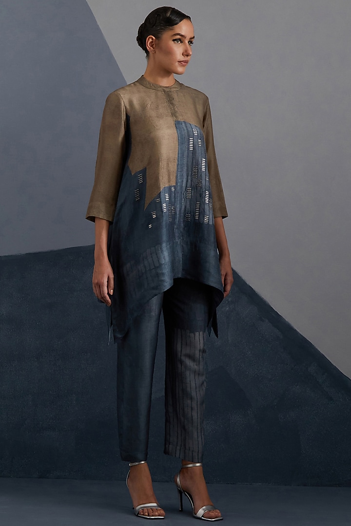 Terra & Slate Grey Dupion Silk Printed Tunic Set by CLOS at Pernia's Pop Up Shop