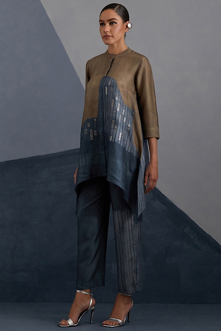 Terra & Slate Grey Dupion Silk Printed Tunic Set by CLOS at Pernia's Pop Up Shop