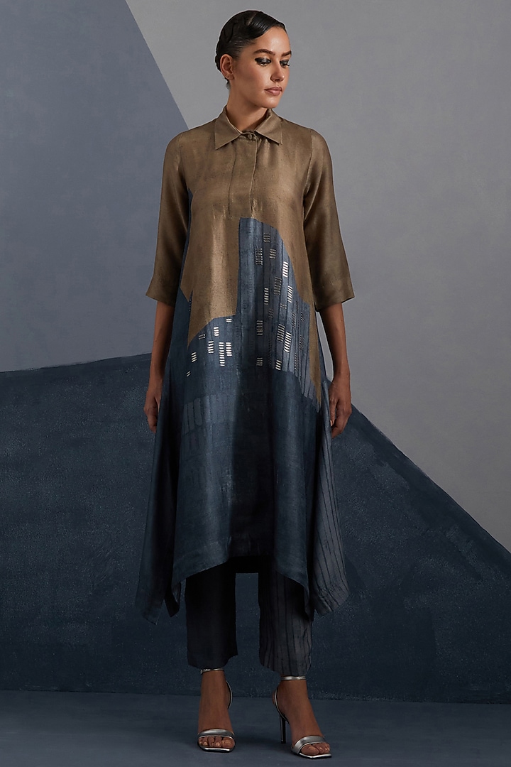 Terra & Slate Grey Dupion Silk Printed Tunic Set by CLOS at Pernia's Pop Up Shop