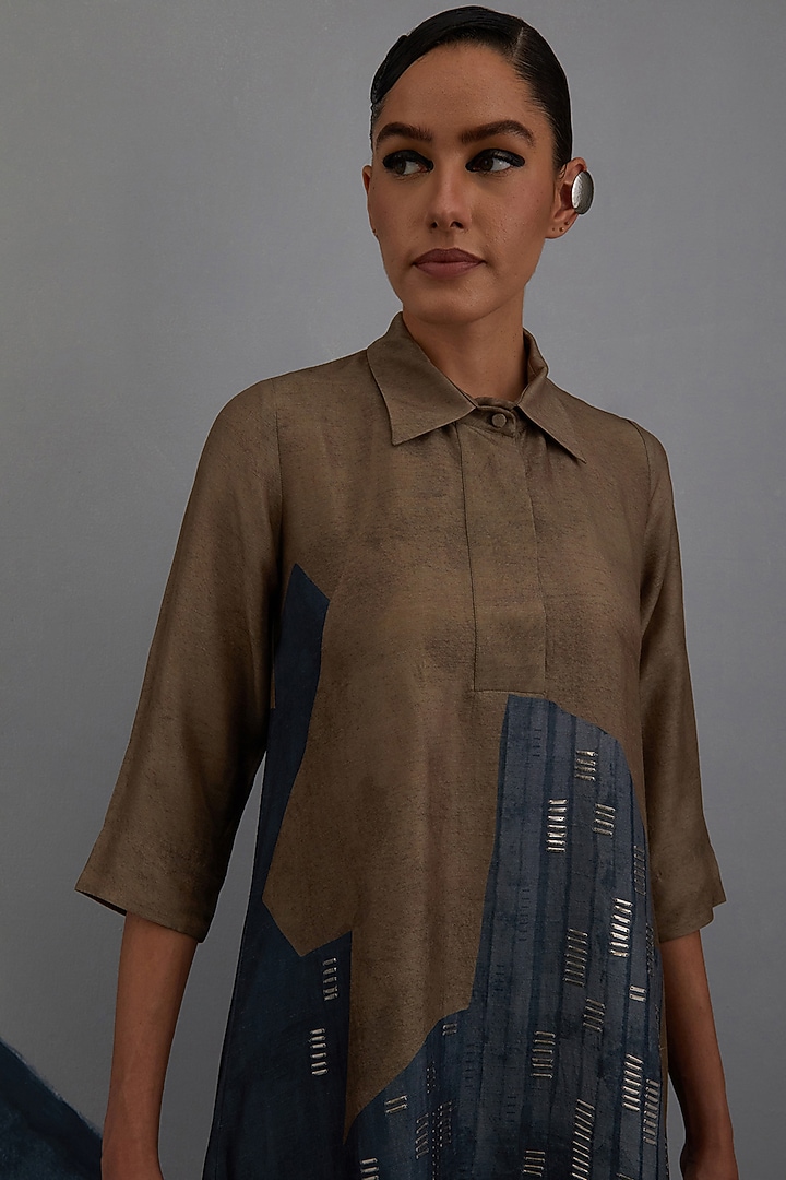 Terra & Slate Grey Dupion Silk Printed Tunic Set by CLOS at Pernia's Pop Up Shop