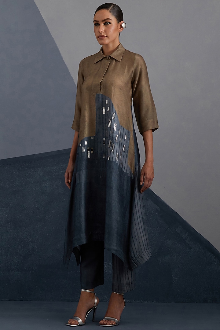 Terra & Slate Grey Dupion Silk Printed Tunic Set by CLOS at Pernia's Pop Up Shop