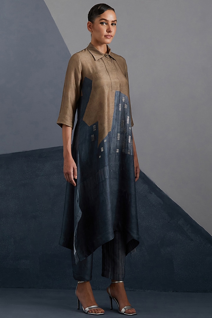 Terra & Slate Grey Dupion Silk Printed Tunic Set by CLOS at Pernia's Pop Up Shop