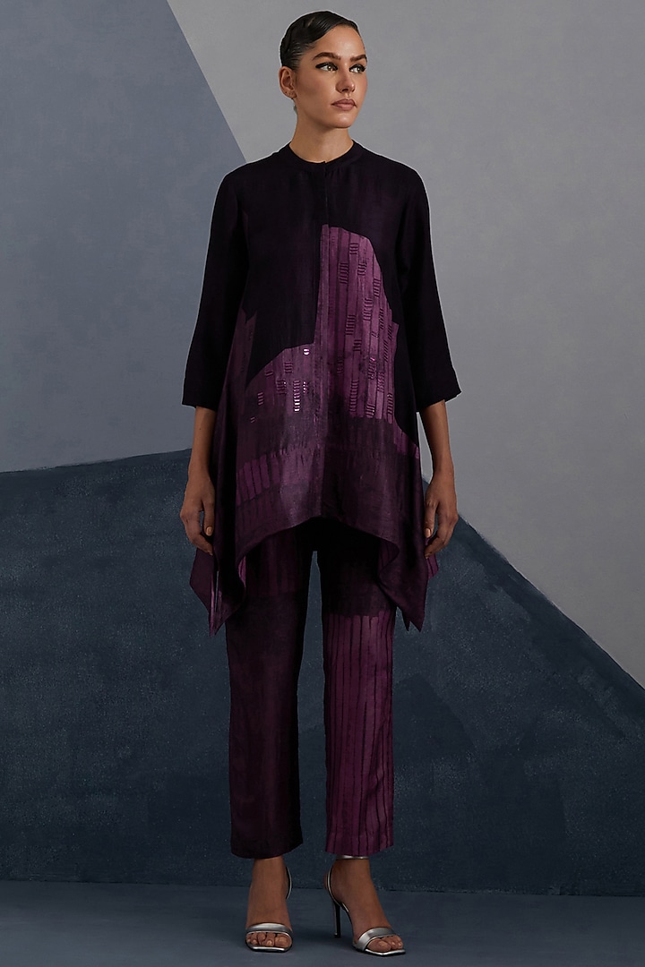 Plum & Indigo Dupion Silk Printed Tunic Set by CLOS at Pernia's Pop Up Shop