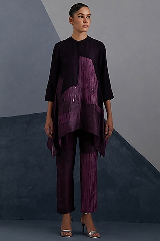 Plum & Indigo Dupion Silk Printed Tunic Set by CLOS