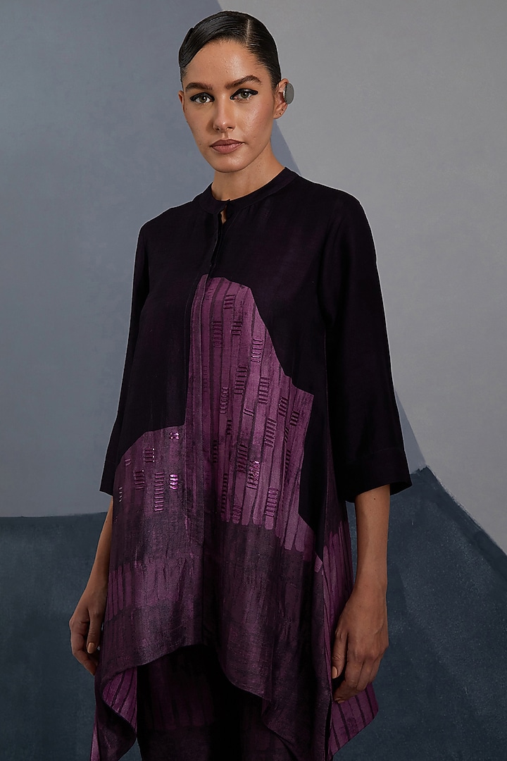 Plum & Indigo Dupion Silk Printed Tunic Set by CLOS at Pernia's Pop Up Shop