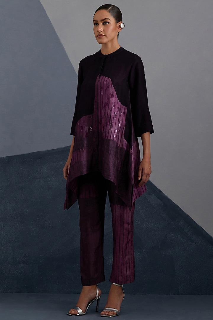 Plum & Indigo Dupion Silk Printed Tunic Set by CLOS at Pernia's Pop Up Shop
