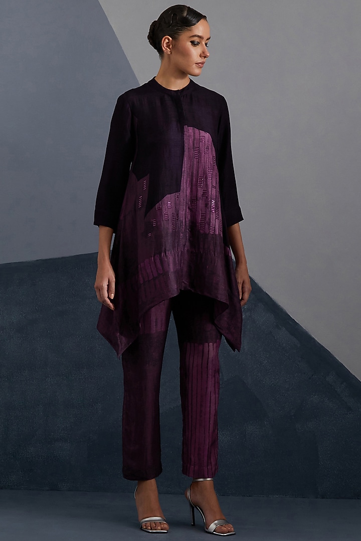 Plum & Indigo Dupion Silk Printed Tunic Set by CLOS at Pernia's Pop Up Shop