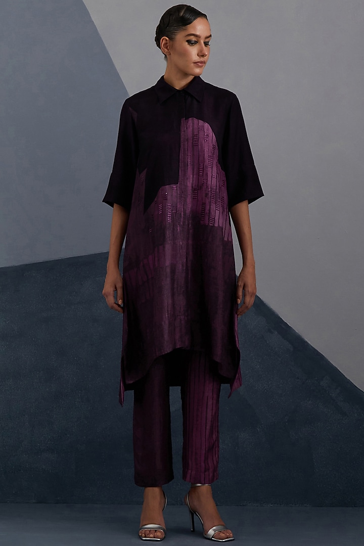 Plum & Indigo Dupion Silk Printed High-Low Tunic Set by CLOS at Pernia's Pop Up Shop