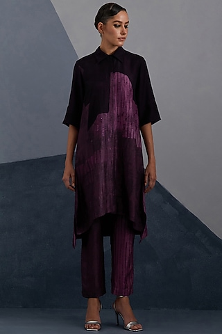 Plum & Indigo Dupion Silk Printed High-Low Tunic Set by CLOS