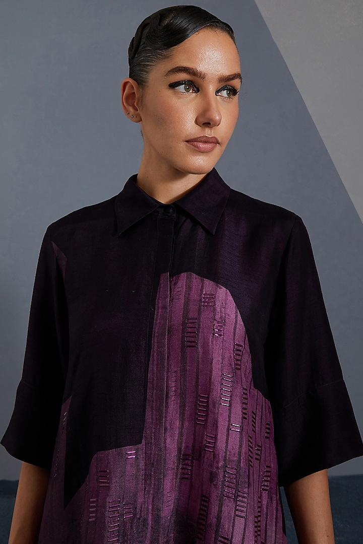 Plum & Indigo Dupion Silk Printed High-Low Tunic Set by CLOS at Pernia's Pop Up Shop
