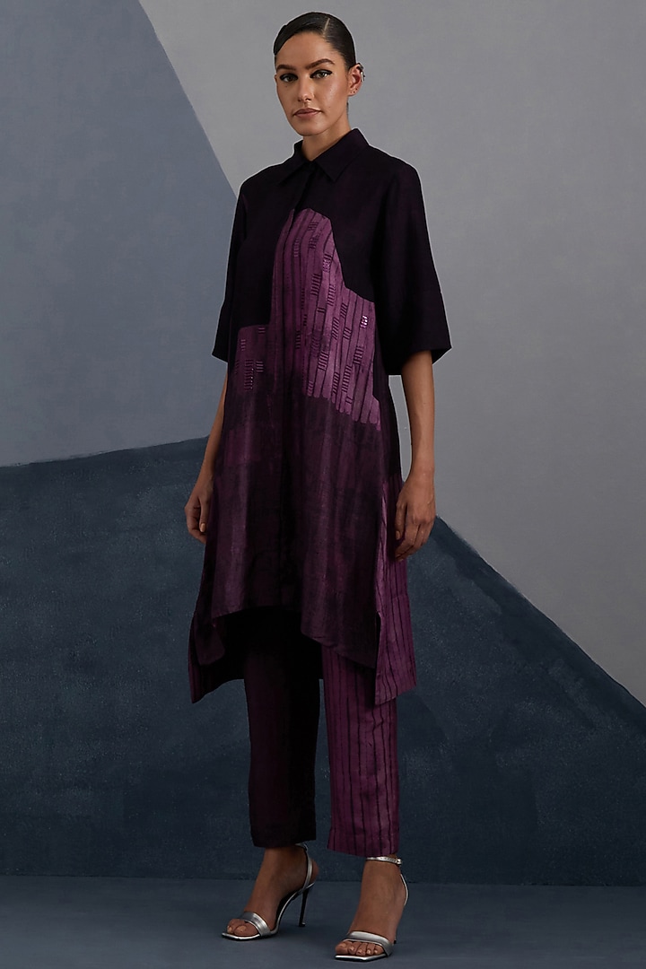 Plum & Indigo Dupion Silk Printed High-Low Tunic Set by CLOS at Pernia's Pop Up Shop