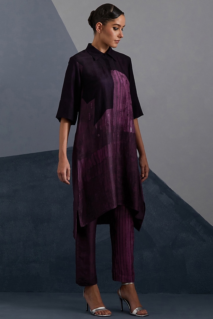 Plum & Indigo Dupion Silk Printed High-Low Tunic Set by CLOS at Pernia's Pop Up Shop