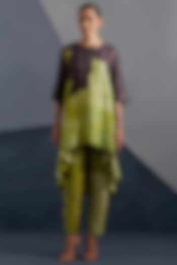 Moss Green & Coffee Brown Dupion Silk Printed Tunic Set by CLOS at Pernia's Pop Up Shop