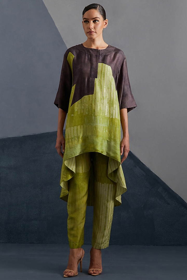 Moss Green & Coffee Brown Dupion Silk Printed Tunic Set by CLOS at Pernia's Pop Up Shop