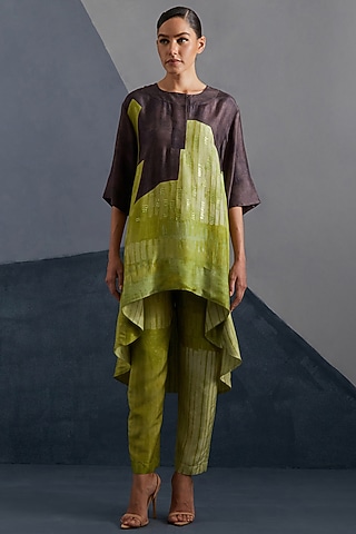 Moss Green & Coffee Brown Dupion Silk Printed Tunic Set by CLOS