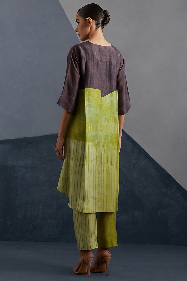 Moss Green & Coffee Brown Dupion Silk Printed Tunic Set by CLOS at Pernia's Pop Up Shop