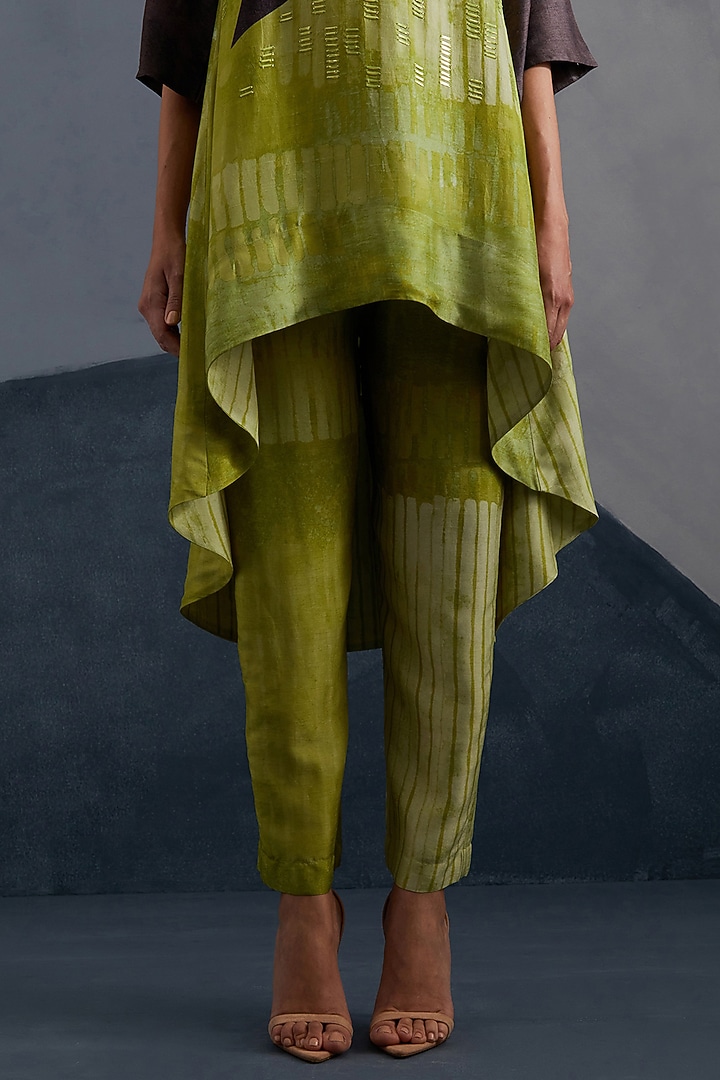 Moss Green & Coffee Brown Dupion Silk Printed Tunic Set by CLOS at Pernia's Pop Up Shop