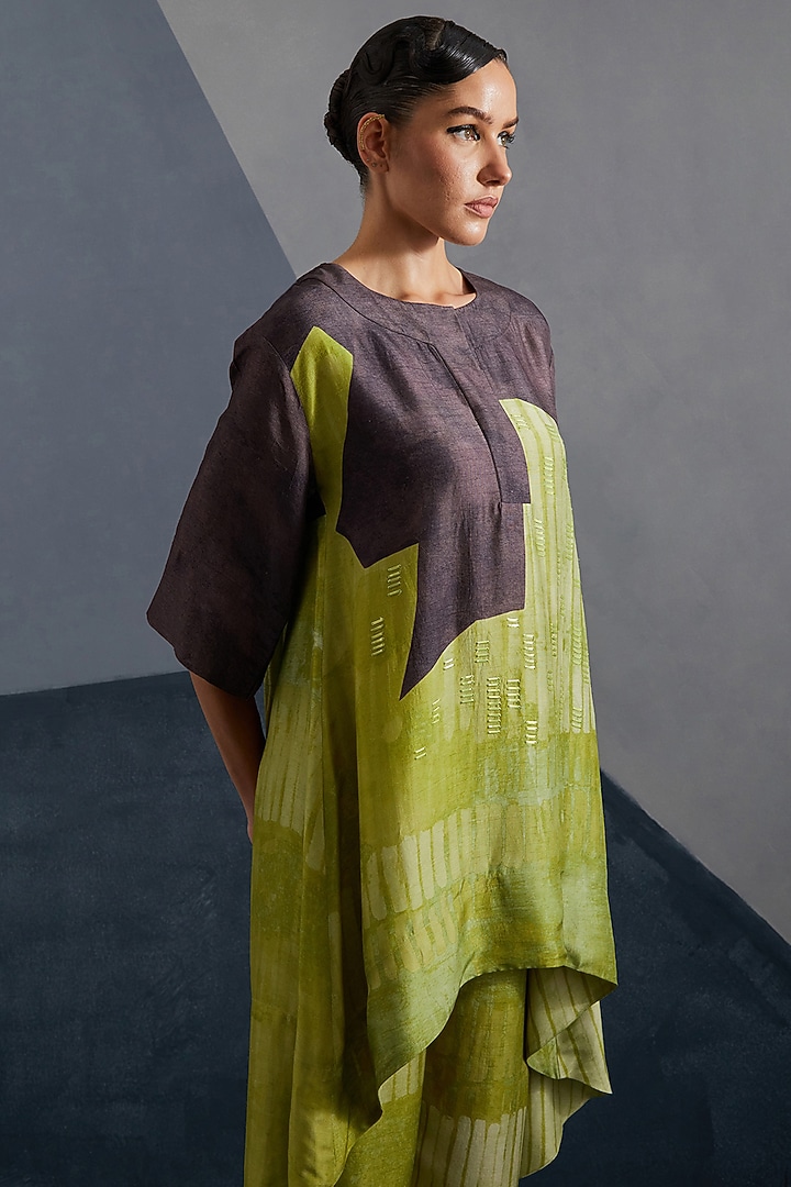 Moss Green & Coffee Brown Dupion Silk Printed Tunic Set by CLOS at Pernia's Pop Up Shop