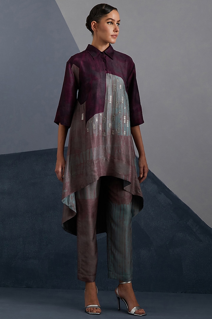 Aubergine & Teal Dupion Silk Printed Tunic Set by CLOS at Pernia's Pop Up Shop