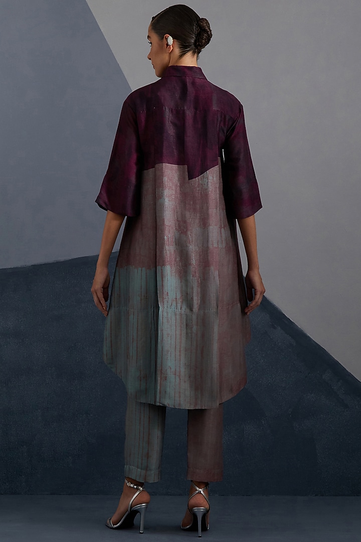 Aubergine & Teal Dupion Silk Printed Tunic Set by CLOS at Pernia's Pop Up Shop