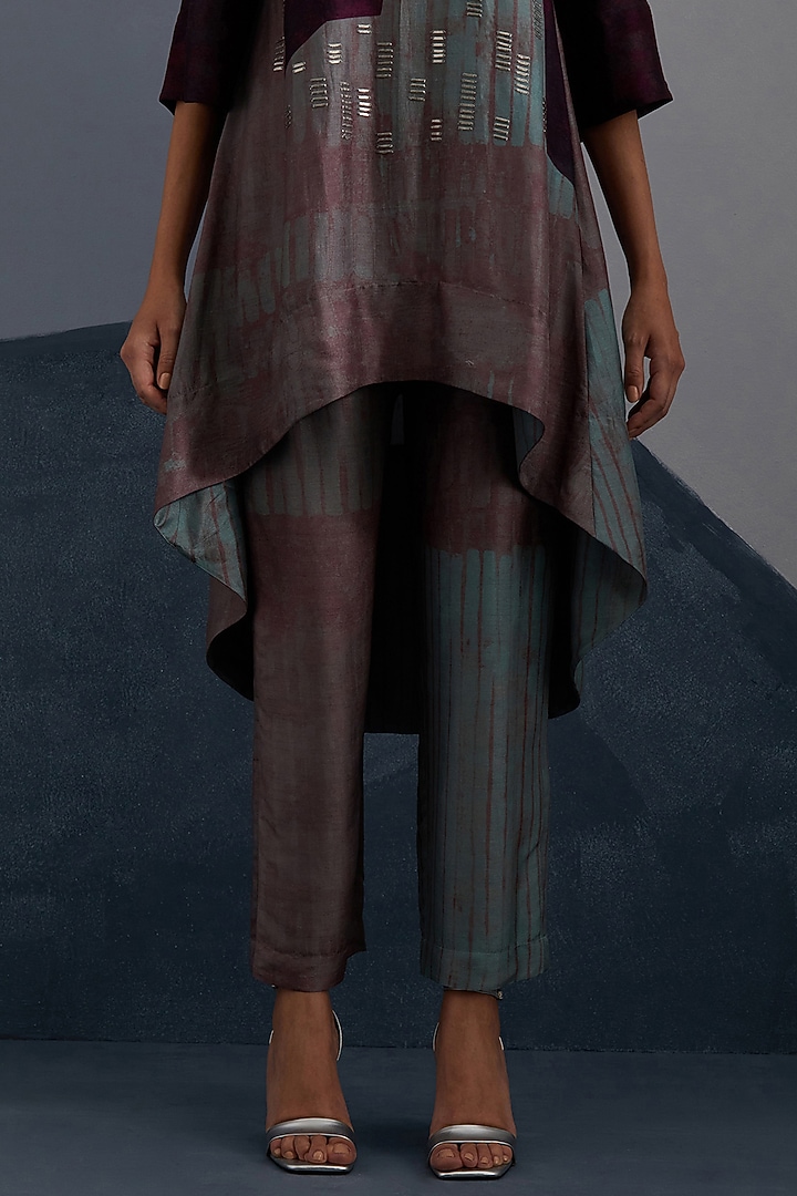 Aubergine & Teal Dupion Silk Printed Tunic Set by CLOS at Pernia's Pop Up Shop