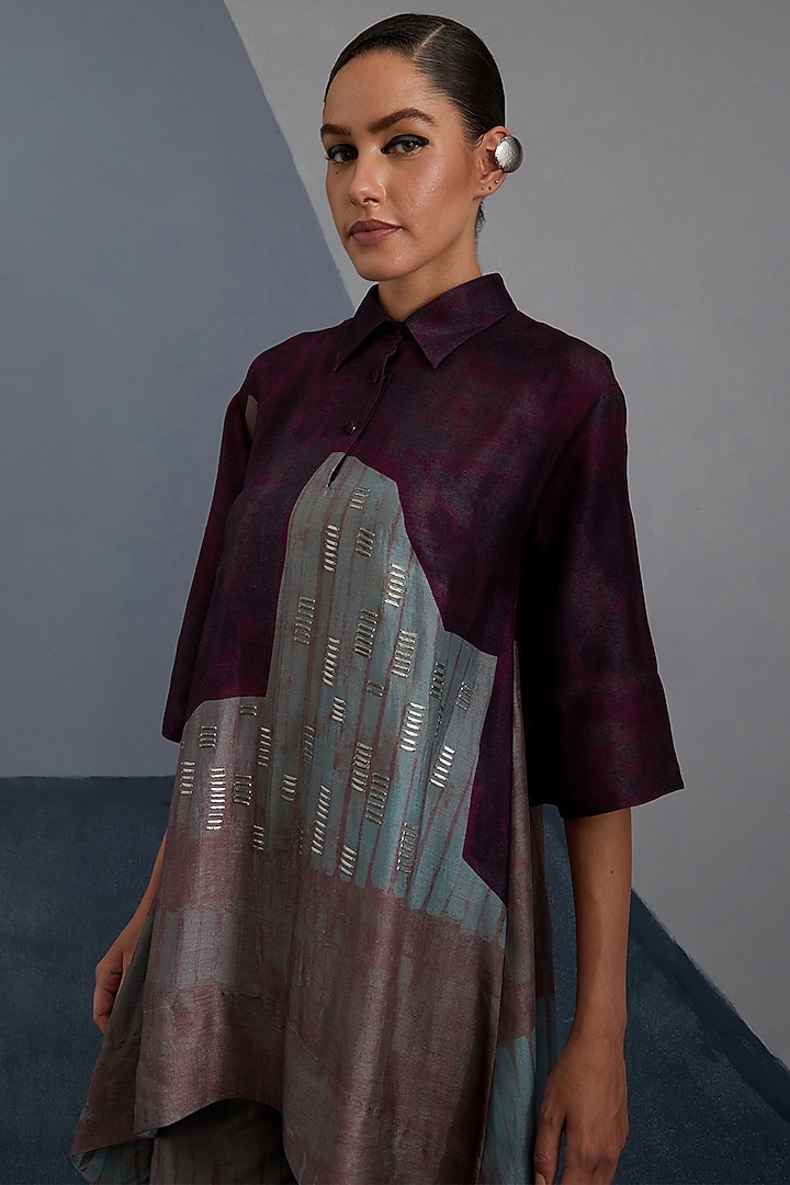 Aubergine & Teal Dupion Silk Printed Tunic Set by CLOS at Pernia's Pop Up Shop