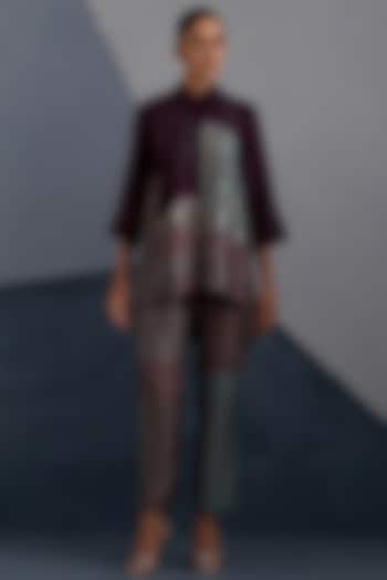 Aubergine & Teal Dupion Silk Printed Co-Ord Set by CLOS at Pernia's Pop Up Shop
