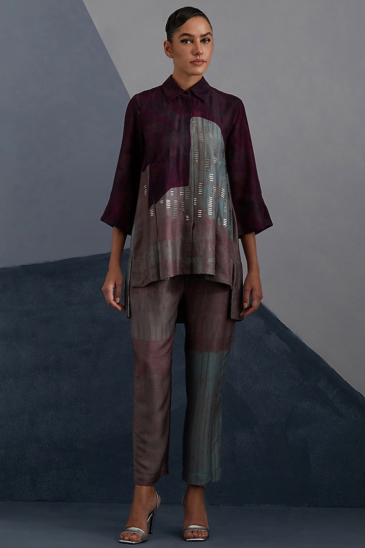 Aubergine & Teal Dupion Silk Printed Co-Ord Set by CLOS at Pernia's Pop Up Shop