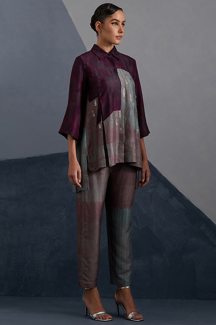 Aubergine & Teal Dupion Silk Printed Co-Ord Set by CLOS at Pernia's Pop Up Shop