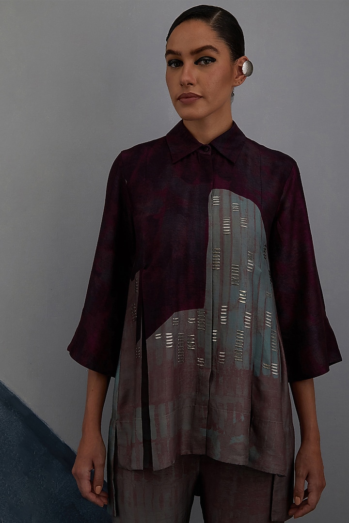 Aubergine & Teal Dupion Silk Printed Co-Ord Set by CLOS at Pernia's Pop Up Shop