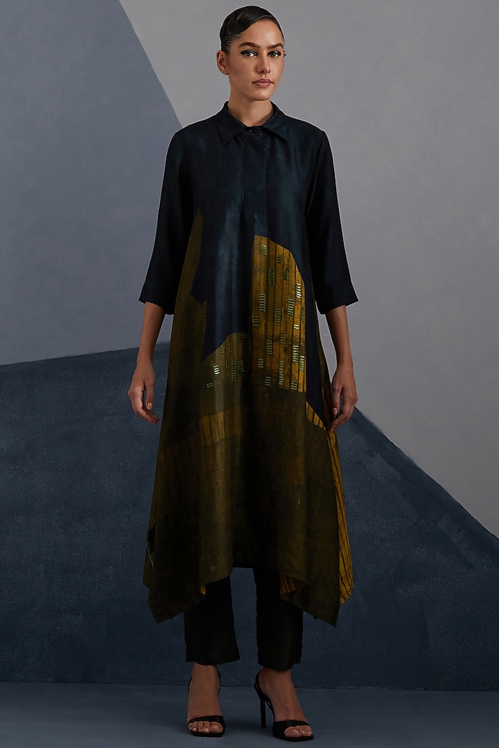 Midnight Blue & Gold Dupion Silk Printed Asymmetric Tunic Set by CLOS at Pernia's Pop Up Shop