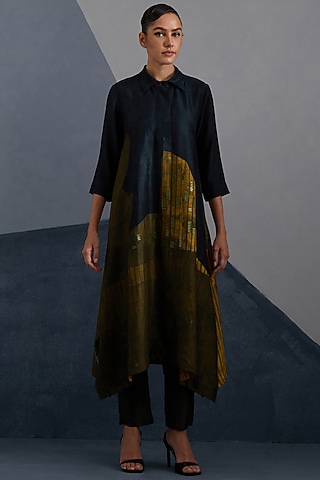 Midnight Blue & Gold Dupion Silk Printed Asymmetric Tunic Set by CLOS