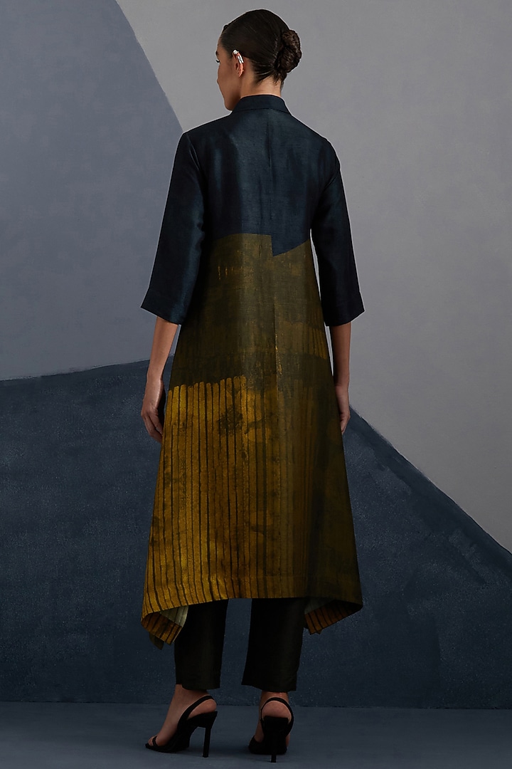 Midnight Blue & Gold Dupion Silk Printed Asymmetric Tunic Set by CLOS at Pernia's Pop Up Shop