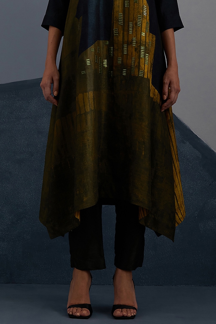 Midnight Blue & Gold Dupion Silk Printed Asymmetric Tunic Set by CLOS at Pernia's Pop Up Shop