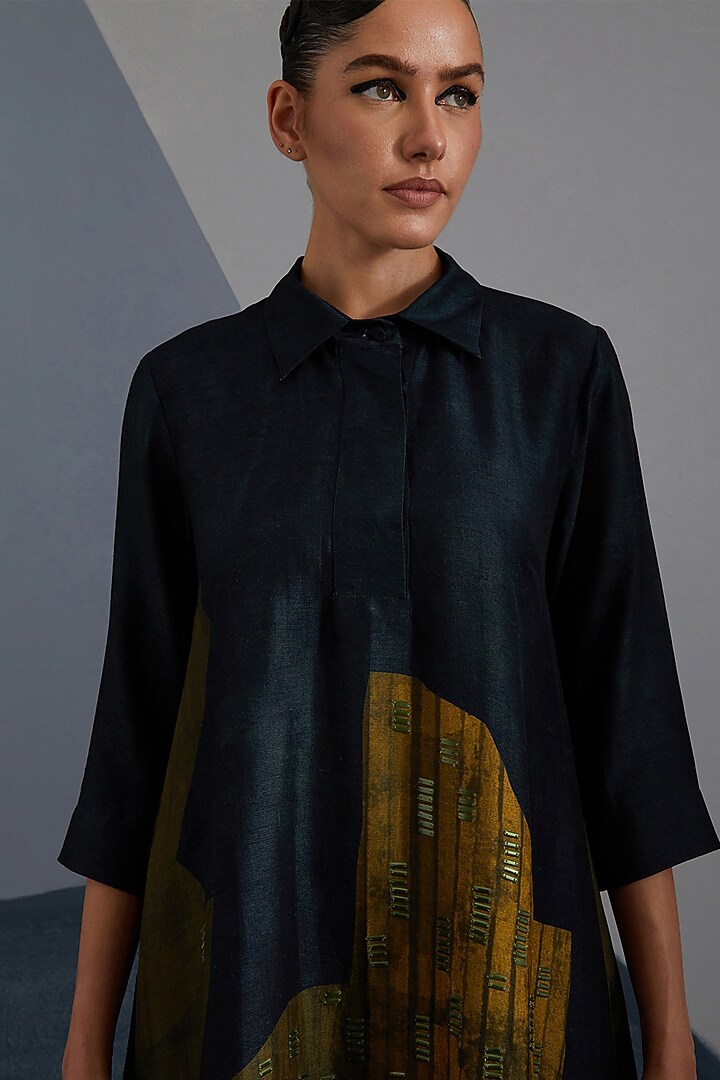 Midnight Blue & Gold Dupion Silk Printed Asymmetric Tunic Set by CLOS at Pernia's Pop Up Shop