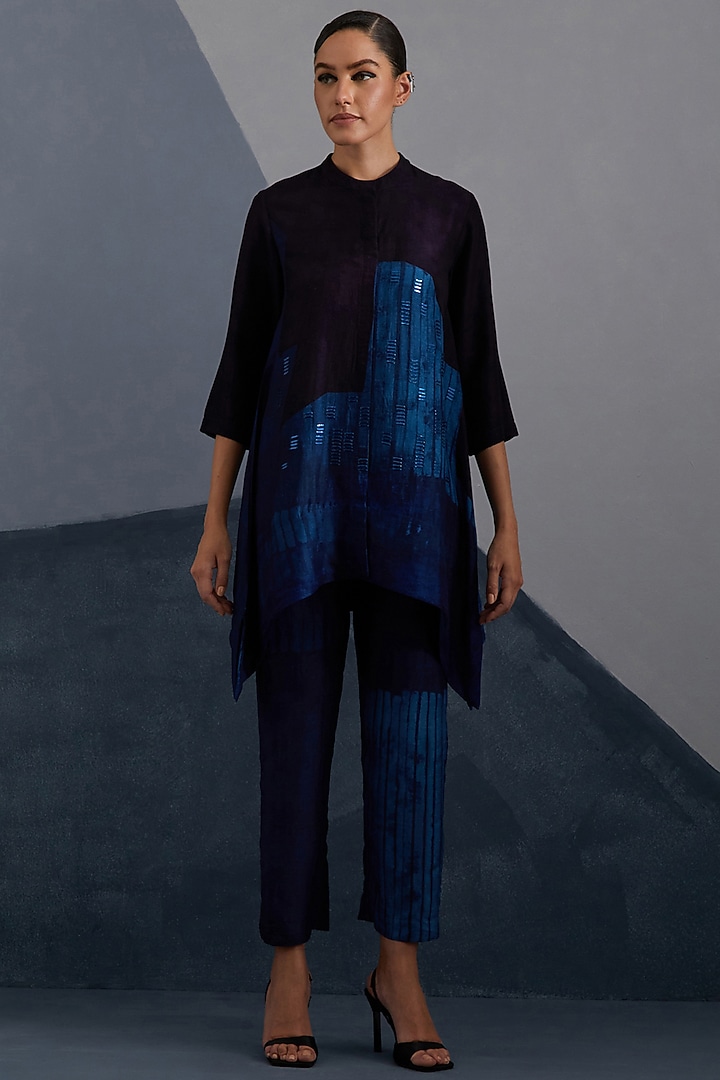 Ink & Sapphire Blue Dupion Silk Printed Tunic Set by CLOS at Pernia's Pop Up Shop