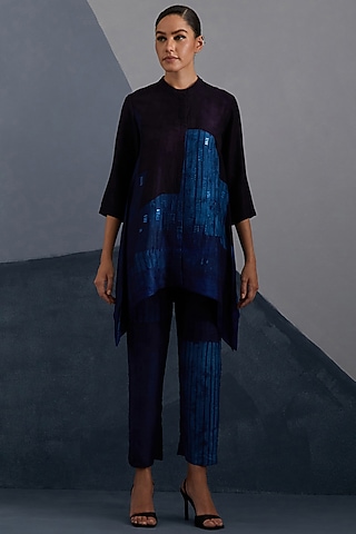 Ink & Sapphire Blue Dupion Silk Printed Tunic Set by CLOS