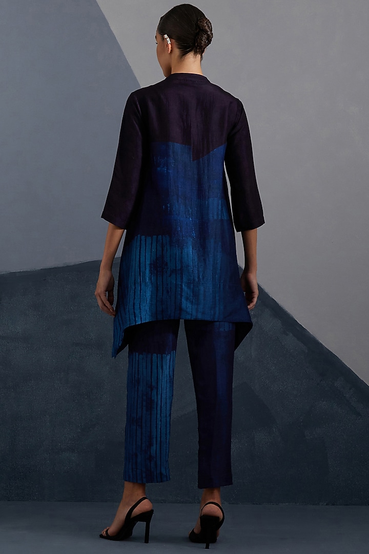 Ink & Sapphire Blue Dupion Silk Printed Tunic Set by CLOS at Pernia's Pop Up Shop