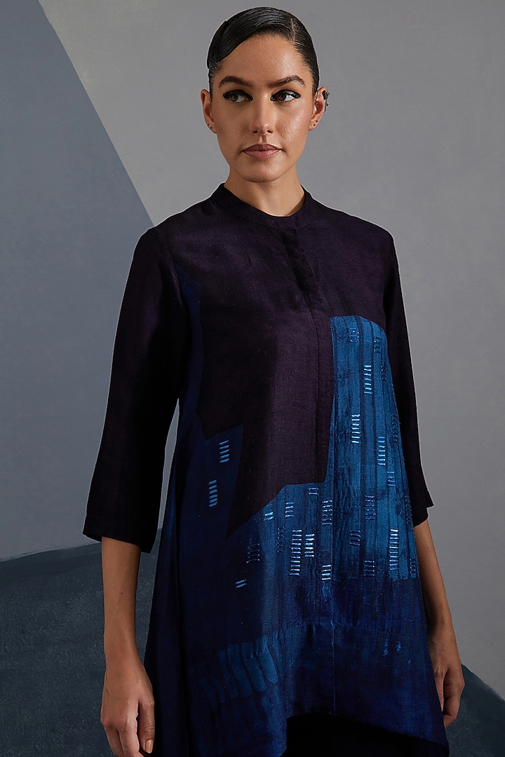 Ink & Sapphire Blue Dupion Silk Printed Tunic Set by CLOS at Pernia's Pop Up Shop