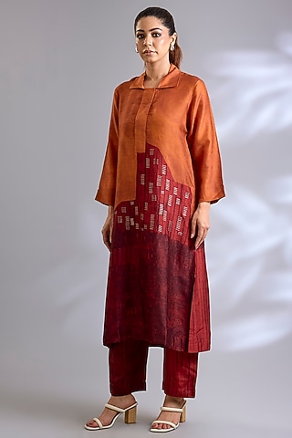 Rust & Crimson Dupion Silk Printed Straight Kurta Set by CLOS